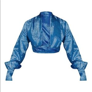 PRETTY Little Thing Blue Satin Printed Twist Front Long Sleeve Crop Top